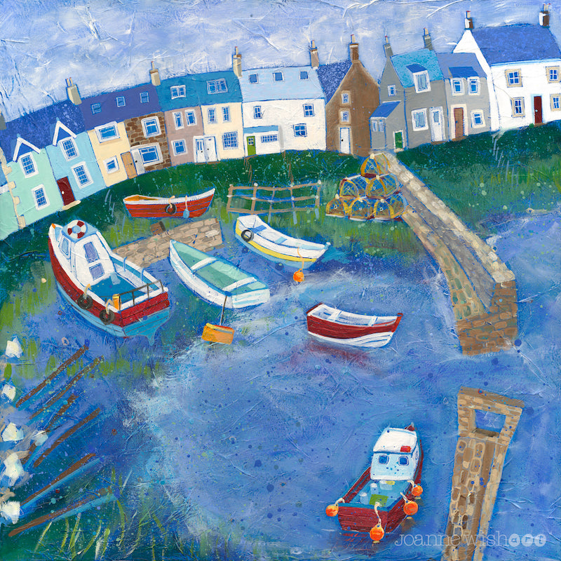 An art print of the colourful fishermen cottages and boats in the harbour village of Craster, Northumberland.