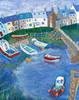 An art print of the colourful fishermen cottages and boats in the harbour village of Craster, Northumberland.