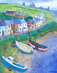 A summery picture of Craster harbour with dunstanburgh castle in the distance. Painted by local artist Joanne Wishart 