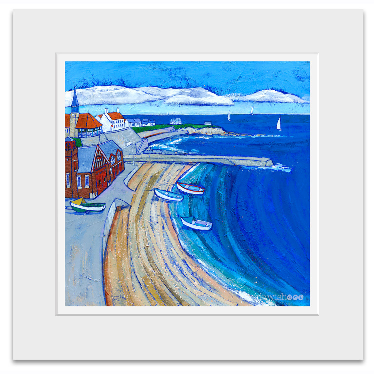 A mounted art print of Culelrcoats Bay featuring the RNLI lifeboat station and a cluster of coble boats.