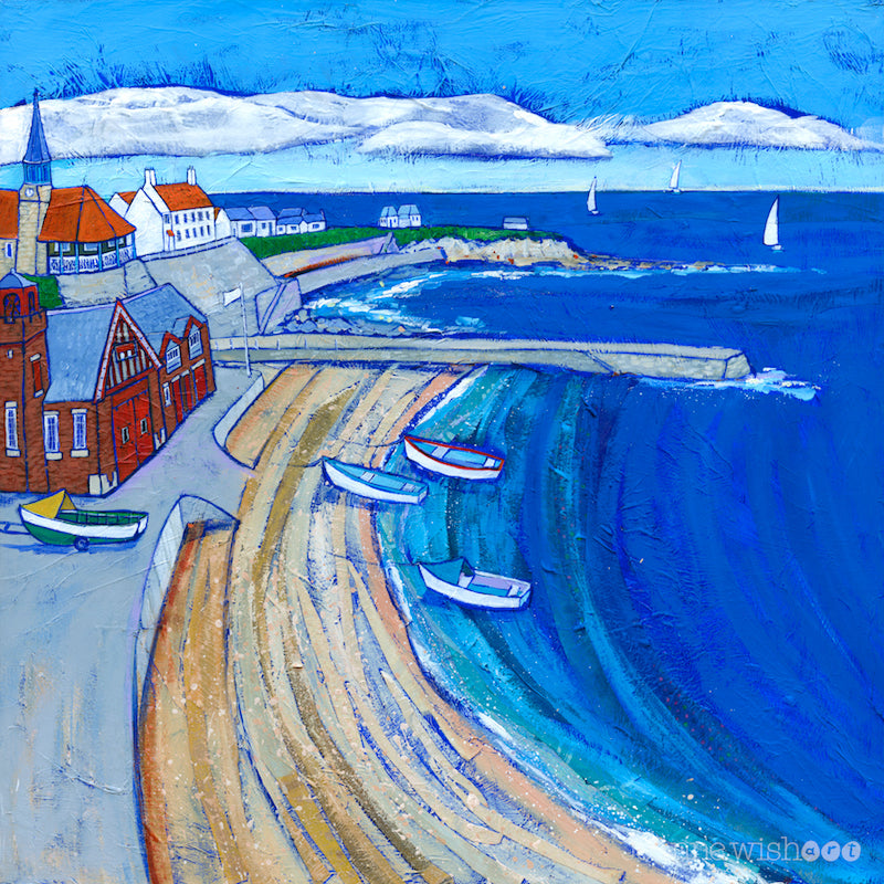 Cullercoats Art print featuring the RNLI lifeboat station and a sweeping curve of sand and coble fishing boats.