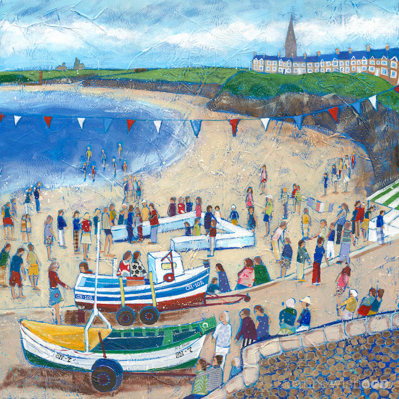 a fine art print of a bustling harbour day scene at Cullercoats Beach.