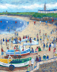 a fine art print of a bustling harbour day scene at Cullercoats Beach.