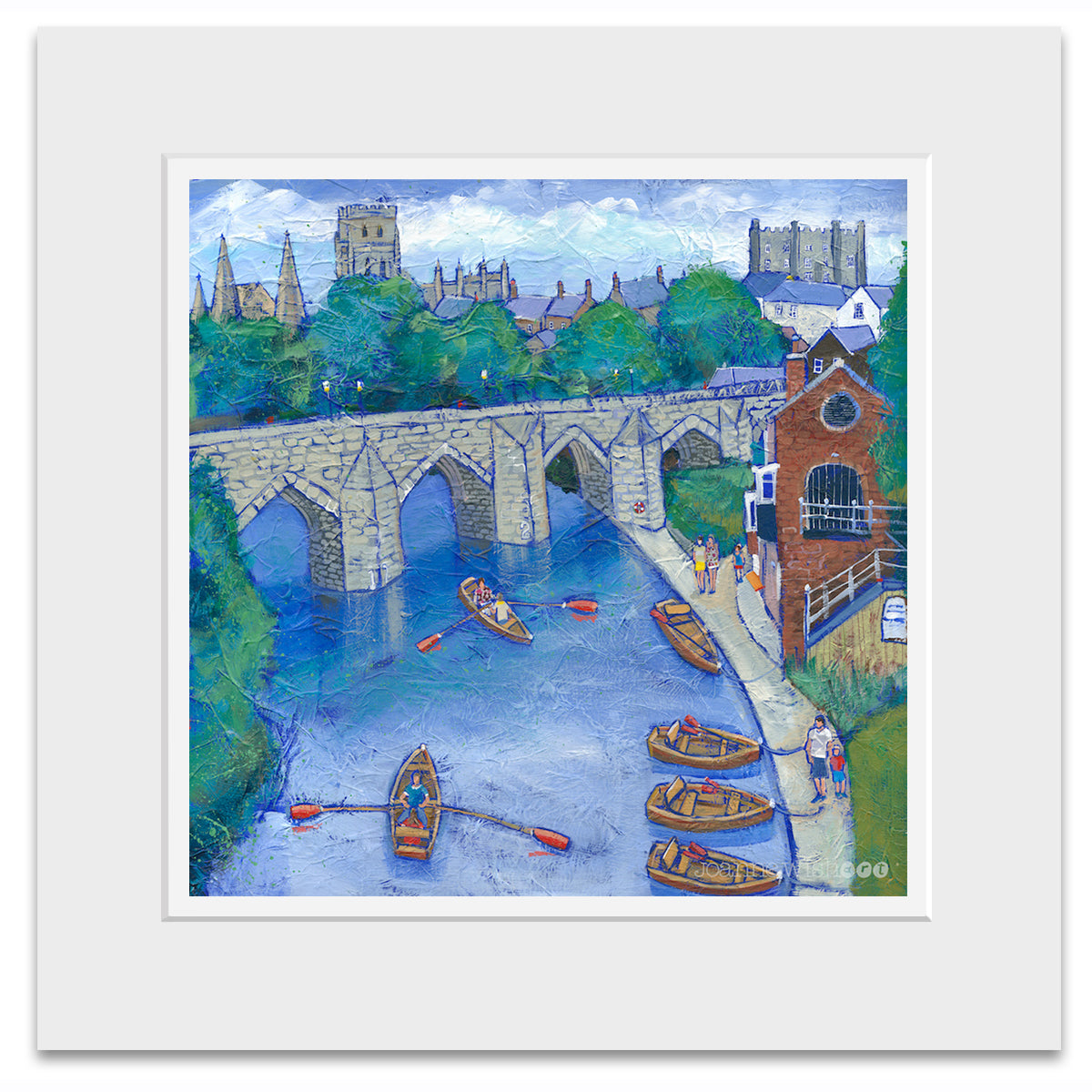 A mounted print of Durham river with the Cathedral in the background.