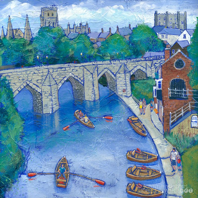 A fine art print of Durham showing the rowing boats on the river and the Cathedral in the background. 