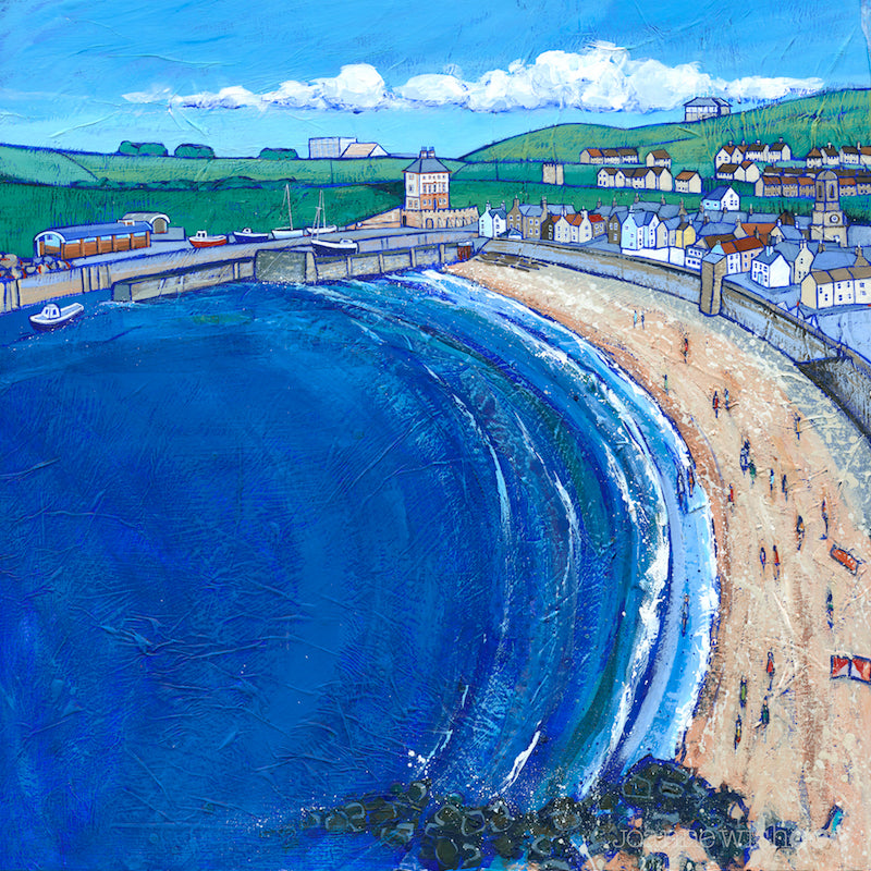 a print of Eyemouth beach featuring Gunsgreen house and the harbour in the distance.