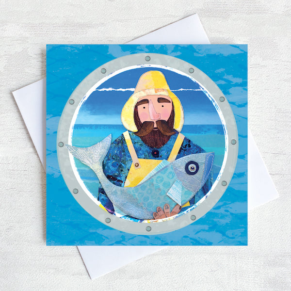 Beardy Fisherman holding a fish design on a greetings card.