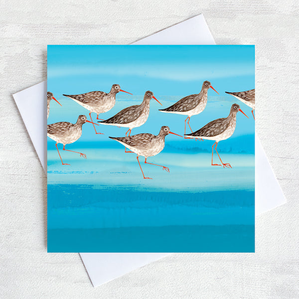 Illustrated greetings card featuring a redshank