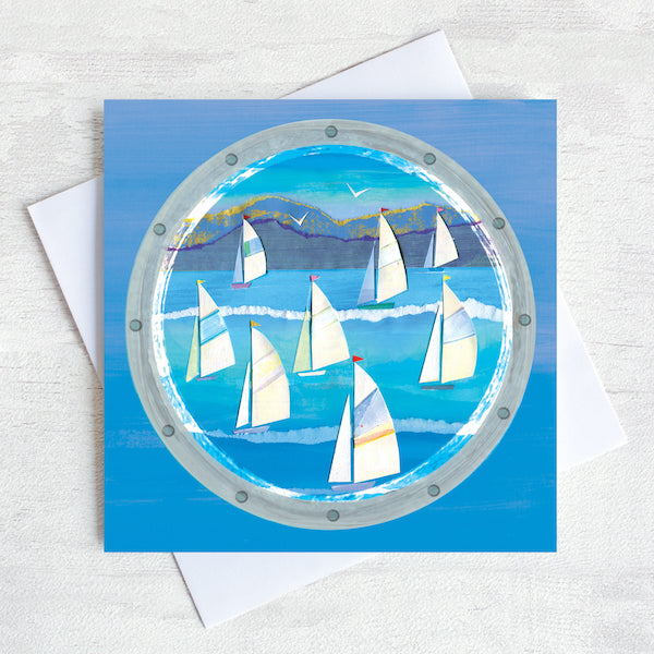 A greetings card featuring a sailing regatta.