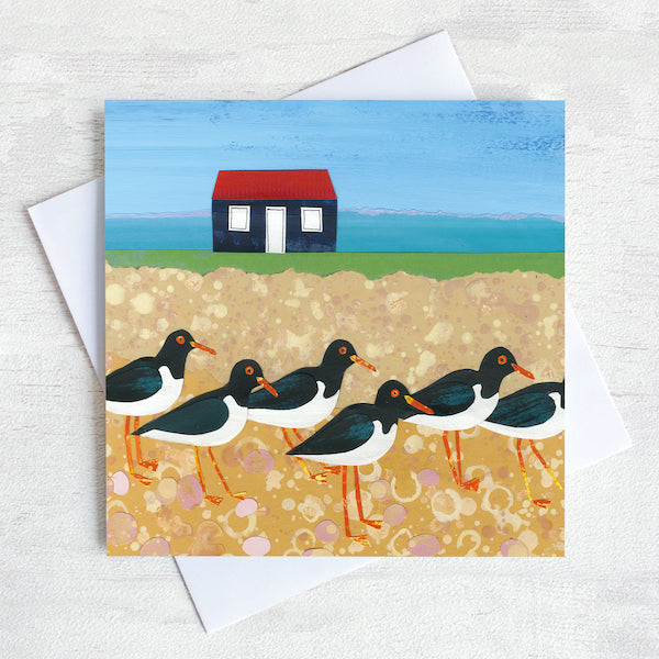 A greetings card featuring a flock of oystercatchers on a pebbled beach with a fisherman&#39;s hut in the background.