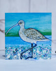 A greetings card featuring a curlew on a pebbled beach with a sea green background.