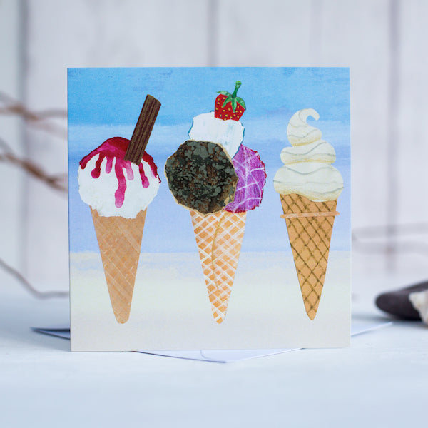 A coastal greetings card featuring 3 delicious ice creams with a chocolate flack and monkeys blood.