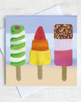 A greetings card featuring ice lollies twister, fab and rocket.