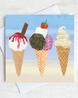 A greetings card featuring 3 delicious ice cream cones. 