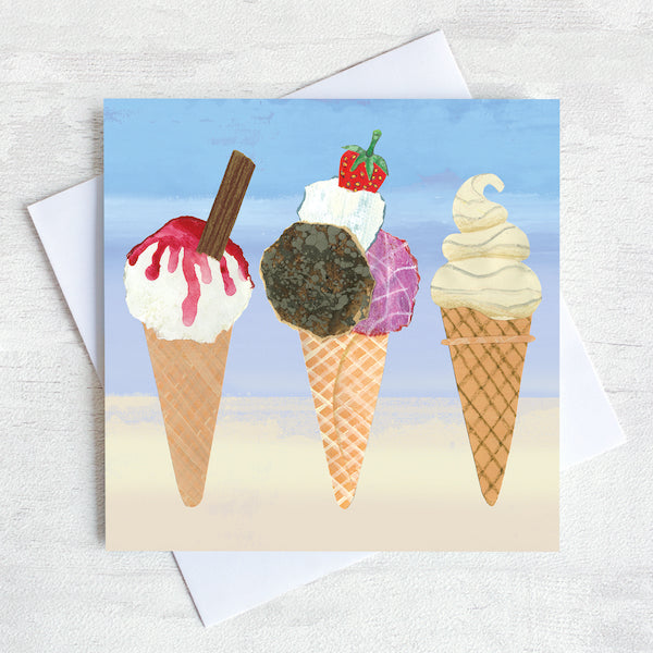 A greetings card featuring ice creams in a cone. one with a flake and monkeys blood.