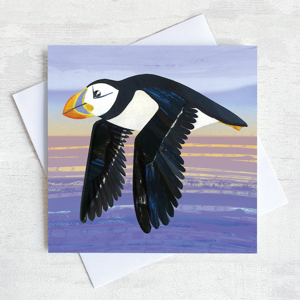 A quirky greetings card featuring a flying puffin gliding over the sea in the evening light. 