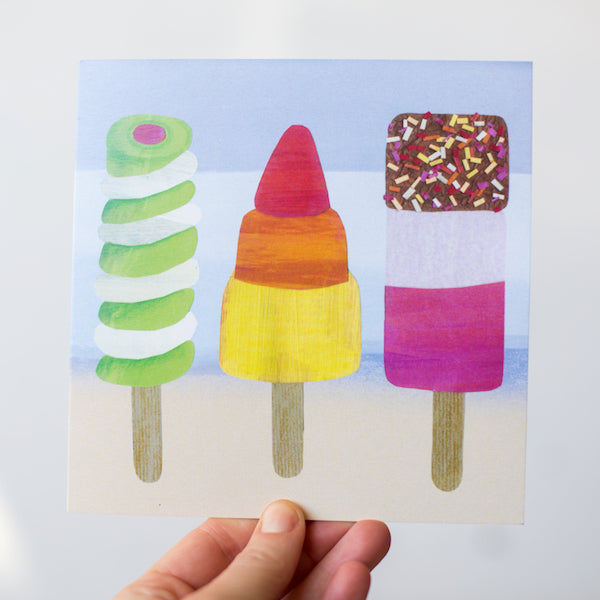A fun seaside greetings card featuring nostalgic ice lolly images.