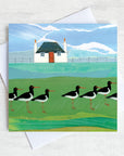A scottish greetings card featuring a traditional cottage with a flock of oystercatchers in the field.