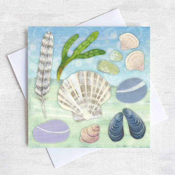 A seaside greetings card showing the delights you might collect on a beach. Seaweed, shells, feathers and pebbles.