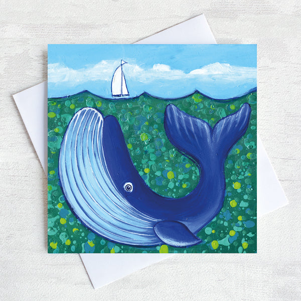 A charming greetings card from an original painting by Joanne Wishart, this joyous nautical picture features a big blue whale under a teal green sea. 
