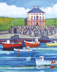 Five boats coloured in various reds, blues and yellows are bobbing in the river. Lobster Pots can be seen on the riverside with a cobblestone wall with a wooden door behind this, partially hiding Gunsgreen house. Gunsgreen House itself is a cuboid building, two toned in peach and cream, with a blue roof and numerous windows. Green space can be observed beyond with a small fence against the blue cloudy sky.