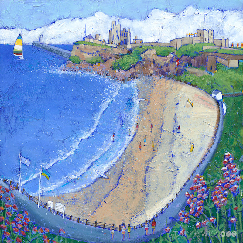 A print of Tynemouth priory with King Edwards bay below and purple flowers in the foreground.