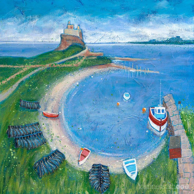A colourful print of upturned boats and cobles in the bay on holy Island in Northumberland.