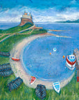 A colourful print of upturned boats and cobles in the bay on holy Island in Northumberland.