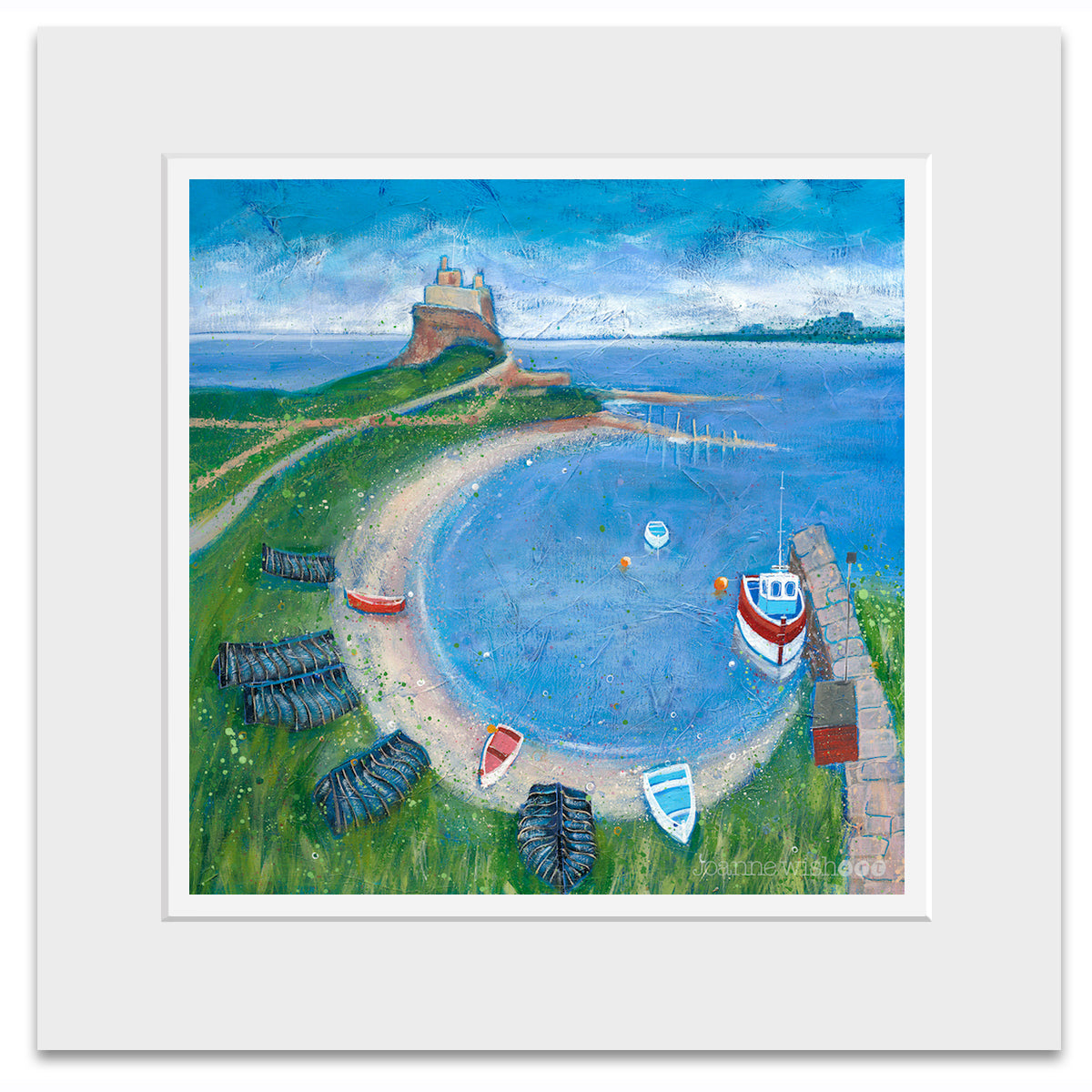 A mounted print of Holy Island Castle in Northumberland with upturned boats in the bay. Painted by local artist Joanne Wishart