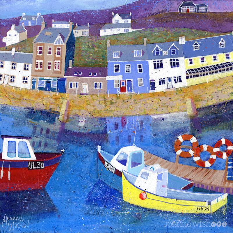 a fine art print of Loch tyne harbour and colourful boats.