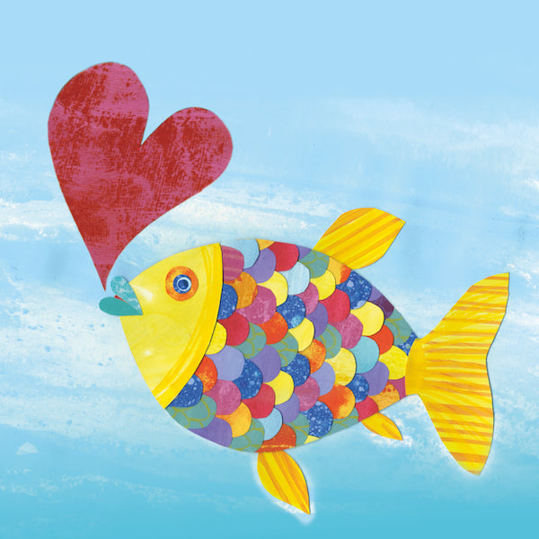 A multicolor scaled happy fish with a yellow tail, face and fins. The fish is blowing a charming red heart shaped bubble on a textured blue background.