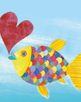A multicolor scaled happy fish with a yellow tail, face and fins. The fish is blowing a charming red heart shaped bubble on a textured blue background.