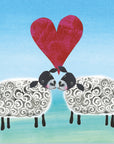 Two sheep stand face to face with a red textured heart between them. Both sheep are blushing giving the impression they are sharing a moment of love. They have black faces, ears and legs and a white coat made up of spirals to bring texture. 