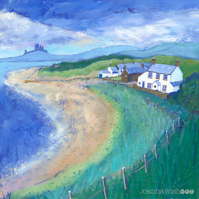 A beautiful summery art print of Low Newton Beach with dunstanburgh Castle in the distance. Painted by artist Joanne Wishart