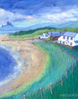 A beautiful summery art print of Low Newton Beach with dunstanburgh Castle in the distance. Painted by artist Joanne Wishart