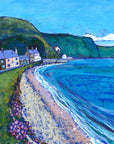 A contemporary art print of lower burnmouth displaying the pebbles beach and colourful fishermens cottage.