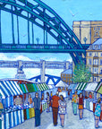 A vibrant and colourful print of Newcasltes quayside market featuring people and stalls and the Tyne Bridge.