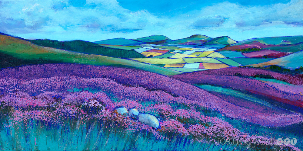 A landscape painting of the simonside hills.  Swathes of purple heather are painted in the forground with a patchwork of colourful fields in the valley below. The cheviot hills can be seen in the distance with blue skies overhead. 