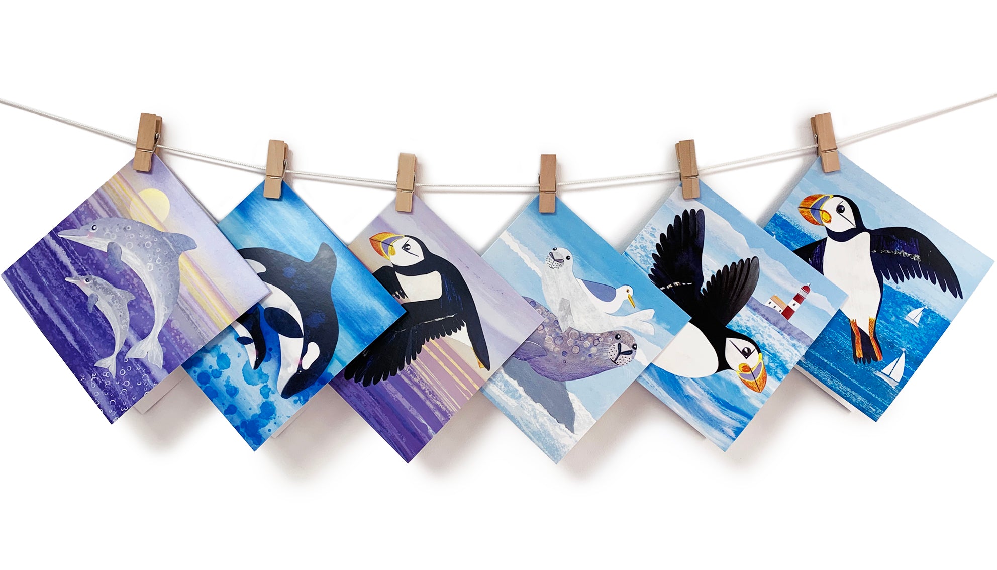 A selection of marine animals and sea birds including puffins, orcas, seals an dolphins in a group of greetings cards.  