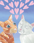 One striped ginger cat with bright blue eyes can be seen having a romantic moment with a white cat with a pink nose and ears. The white cat has its eyes closed as if content. Multiple pink hearts can be seen between the two cats in the same shade of pink as the white cat’s detailing on a mid blue/purple background. 