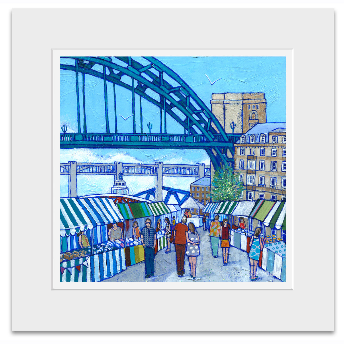 A mounted print of Newcastles Tyne bridge with the quayside market colourfully  captured underneath.