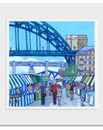 A mounted print of Newcastles Tyne bridge with the quayside market colourfully  captured underneath.