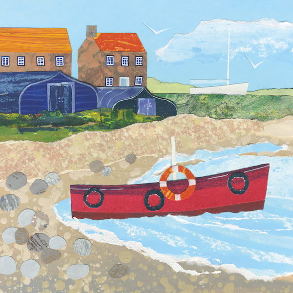 A red boat with an orange life saving ring is the main focus of this piece in Lindisfarne’s Bay. The sea is light blue and the sand is a dusty beige colour with multiple smooth rocks on the shore. Stone houses with orange roofs can be seen behind blue/black boat sheds nestled around green space. A white sail boat can also be observed in the distance below a light blue cloudy sky.