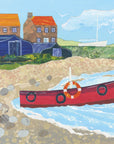 A red boat with an orange life saving ring is the main focus of this piece in Lindisfarne’s Bay. The sea is light blue and the sand is a dusty beige colour with multiple smooth rocks on the shore. Stone houses with orange roofs can be seen behind blue/black boat sheds nestled around green space. A white sail boat can also be observed in the distance below a light blue cloudy sky.