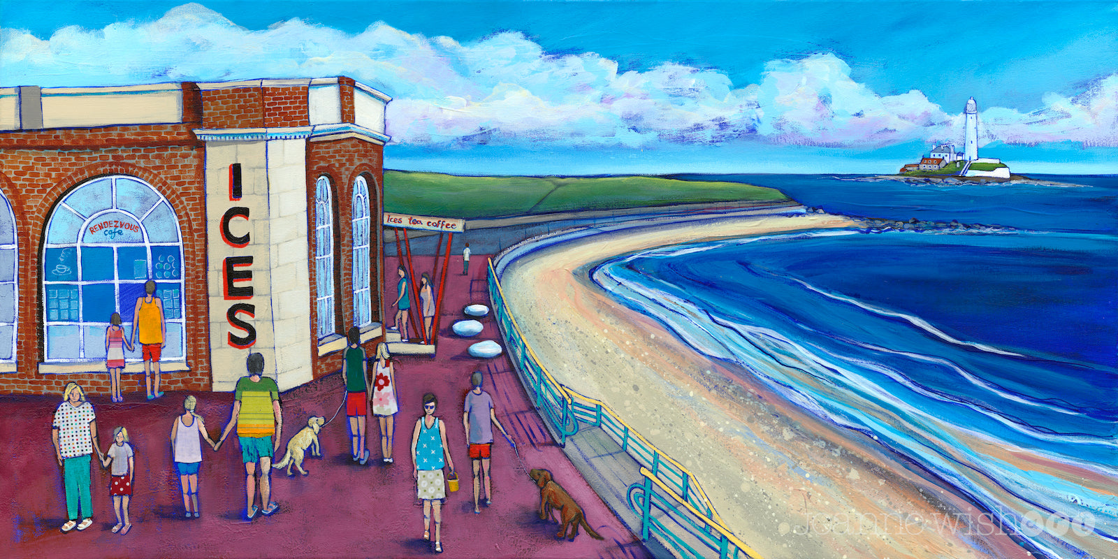 A colourful summery painting of the Rendezvous Cafe in Whitley Bay featuring the famous ICES typography painted on the wall.  St Mary's lighthouse is in the distance.