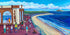 A colourful summery painting of the Rendezvous Cafe in Whitley Bay featuring the famous ICES typography painted on the wall.  St Mary's lighthouse is in the distance.