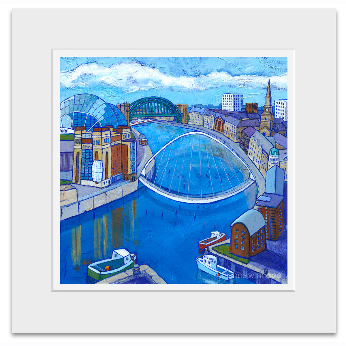 A mounted print of the newcastle city scape with the river tyne sweeping through the image. 