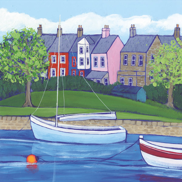 The background is a light blue cloudy sky behind Colourful Lovaine terrace.Green space and trees make up the midground while a low stone wall separates the grass from the multi-blue toned river infront. A pale blue sail boat is the pivotal point of the piece with another red striped boat and buoy half in shot. 