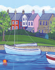 The background is a light blue cloudy sky behind Colourful Lovaine terrace.Green space and trees make up the midground while a low stone wall separates the grass from the multi-blue toned river infront. A pale blue sail boat is the pivotal point of the piece with another red striped boat and buoy half in shot. 