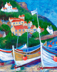 A fine art print of Runswick Bay featuring three coble boats with the village clinging on to the cliffside. 